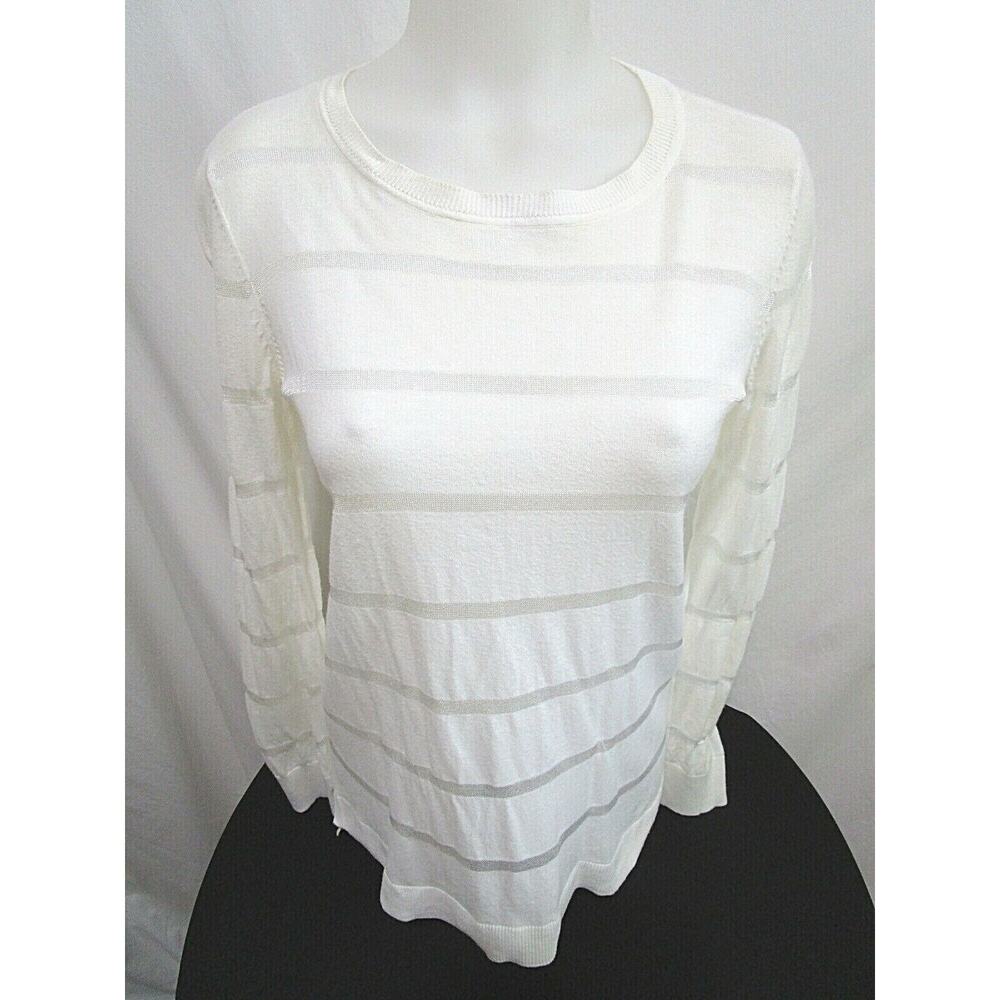 Vince Camuto Ivory Sheer Striped Long Sleeve Round Neck Light Sweater Petite S - Picture 1 of 8